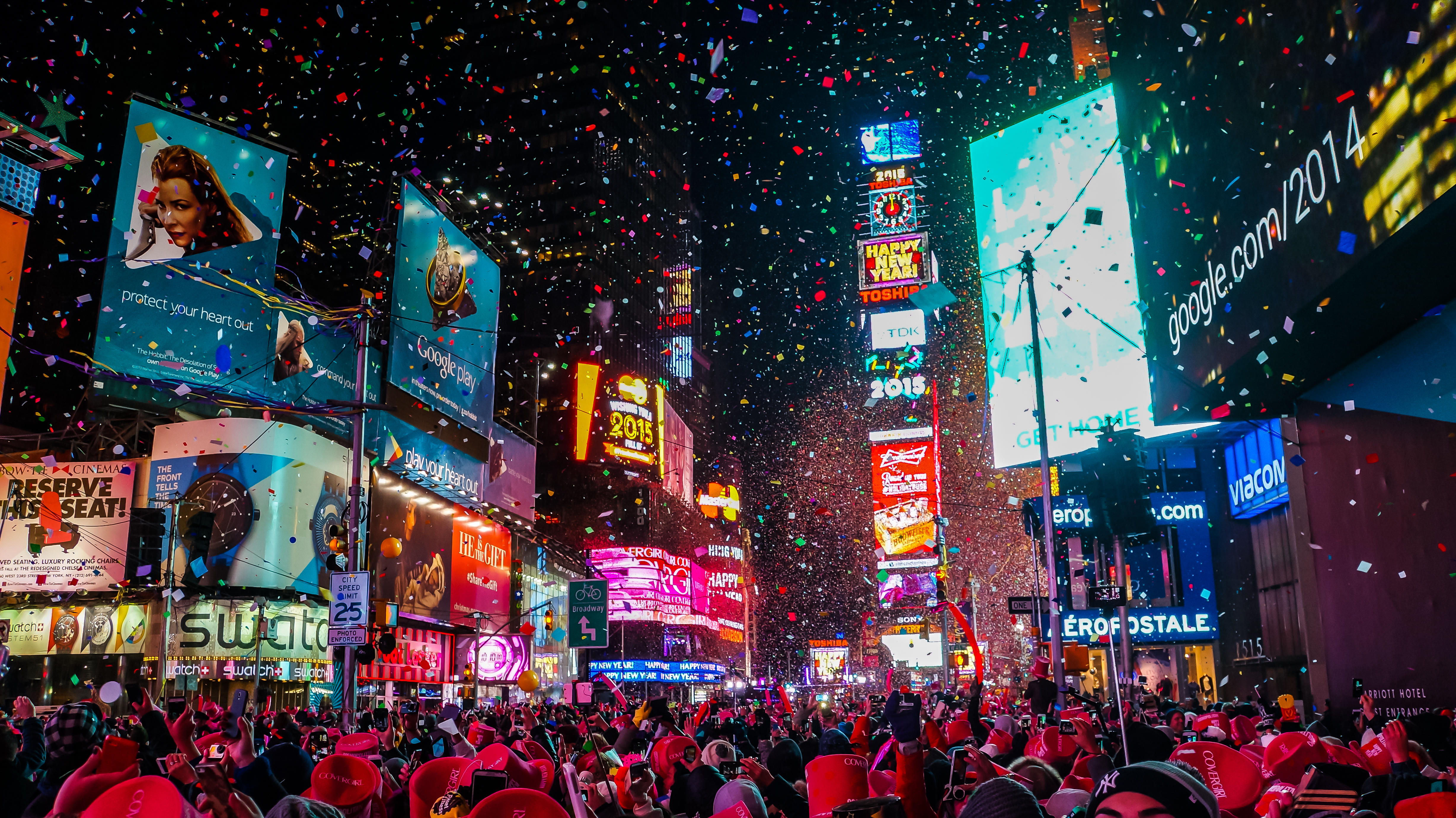 New York City, USA, January 1, 2015, Atmospheric new year's eve celebration on famous times square intersection after midnight