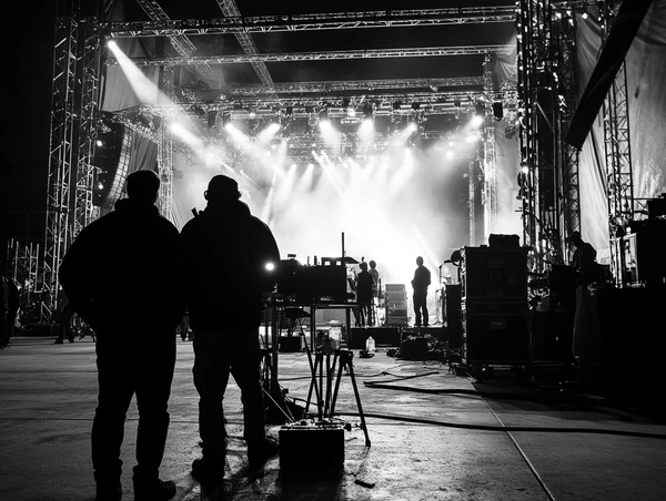 workers building stage rigging
