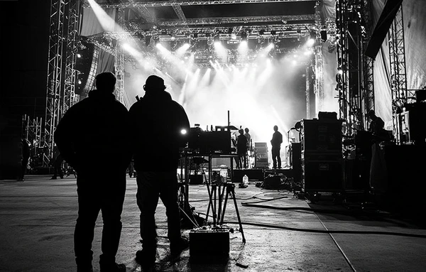 workers building stage rigging
