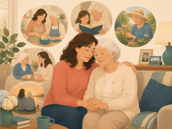 Adult daughter embracing her elderly mother, surrounded by warm illustrations of shared memories and moments together.