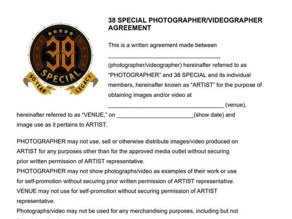 38 SPECIAL PHOTOGRAPHER/VIDEOGRAPHER AGREEMENT