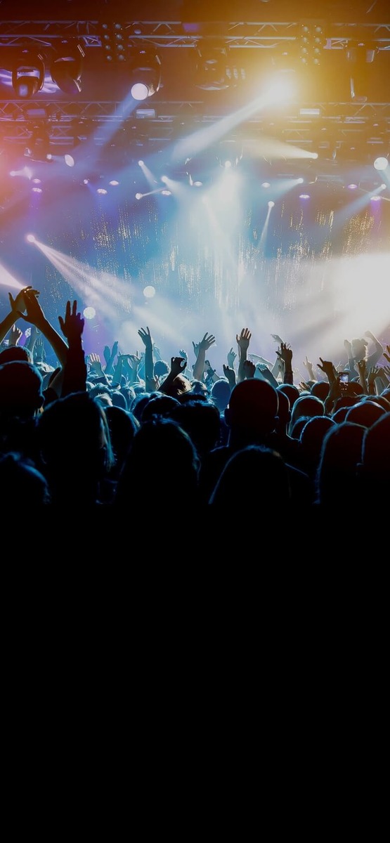 image of concert stage, lights and crowd