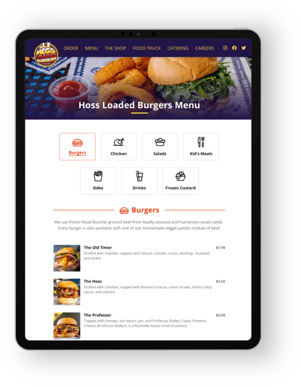 iPad showing online menu