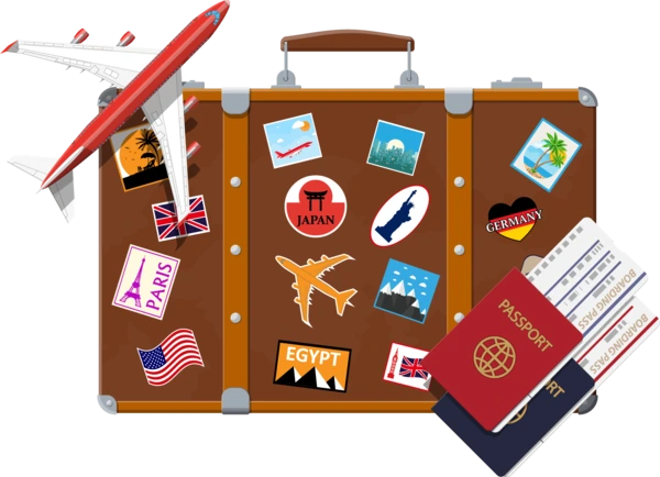 image of a suitcase, a plane, and tickets