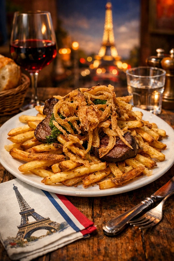 image of fries topped with steak and battered fried onions