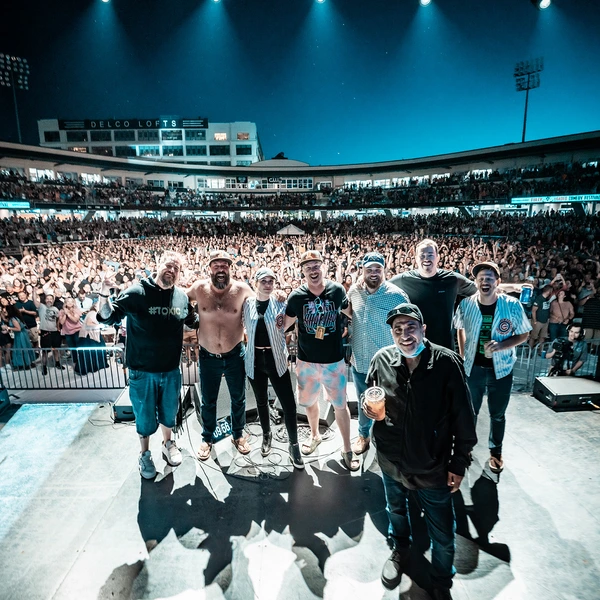 Big Jay Oakerson, Bert Kreischer, Taylor Tomlinson, Dave Williamson, Aaron Weber, Shane Gillis, Dustin Nickerson, and Dave Attell (front) at Day Air Ballpark in Dayton, OH on June 18, 2022. 