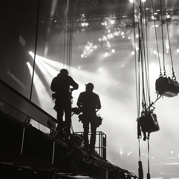 technicians working on lighting rig for a live event