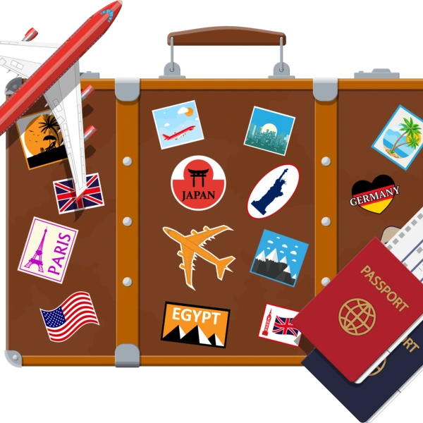 image of a suitcase, a plane, and tickets